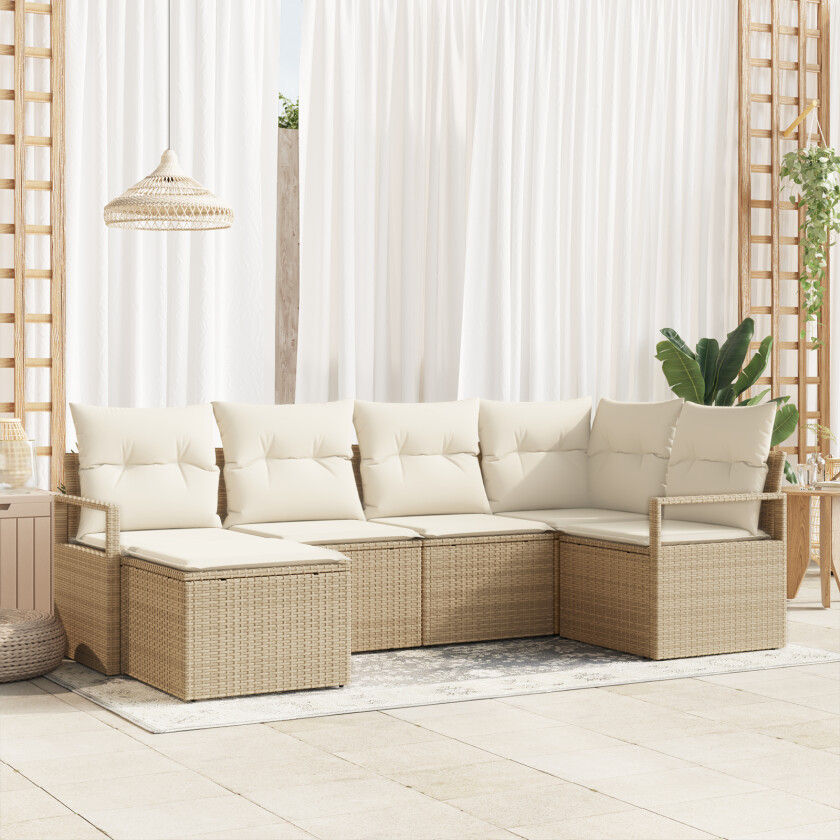 6-delt hagesofa sett med puter beige poly rattan, 2-seters hagesofa med oppbevaring og puter beige poly rattan