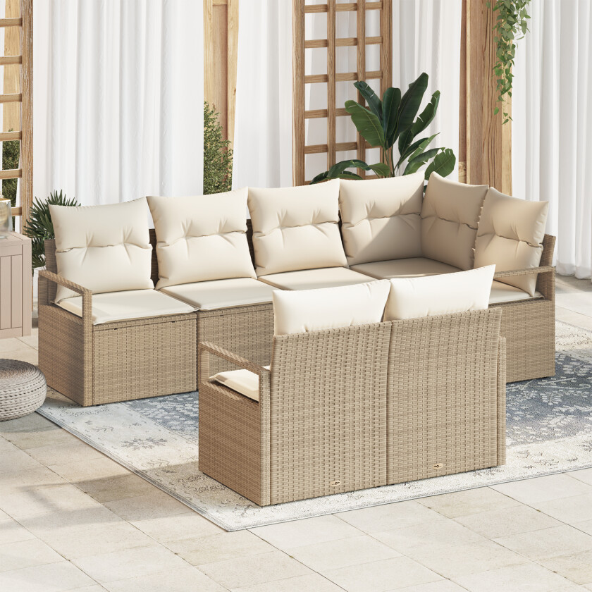 7-delers hagesofa sett med puter beige poly rattan, 2-seters hagesofa med lagring og puter beige poly rattan