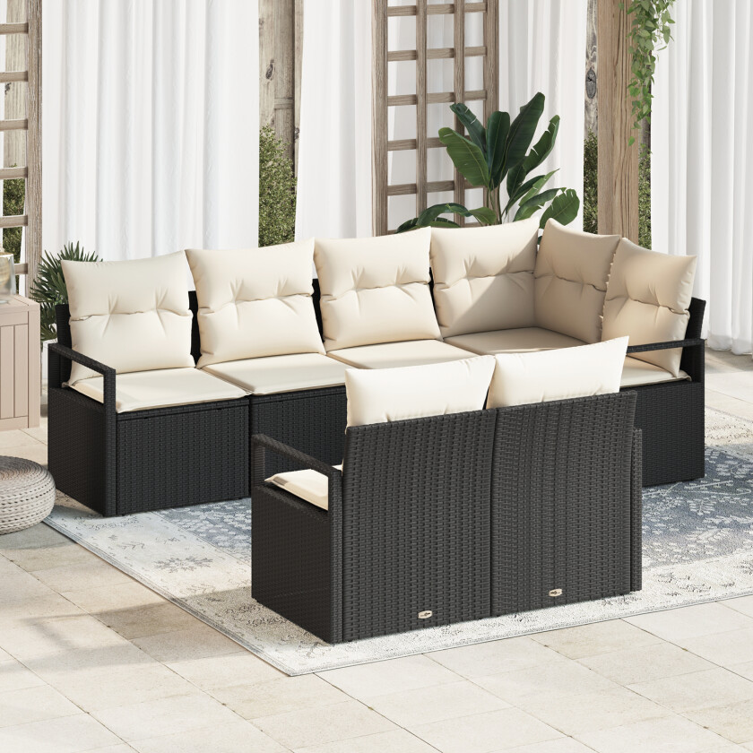 7 Delt Hage Sofa Set med Puter Svart Poly Rattan, 2-seters Hage Sofa med Oppbevaring & Puter Svart Poly Rattan