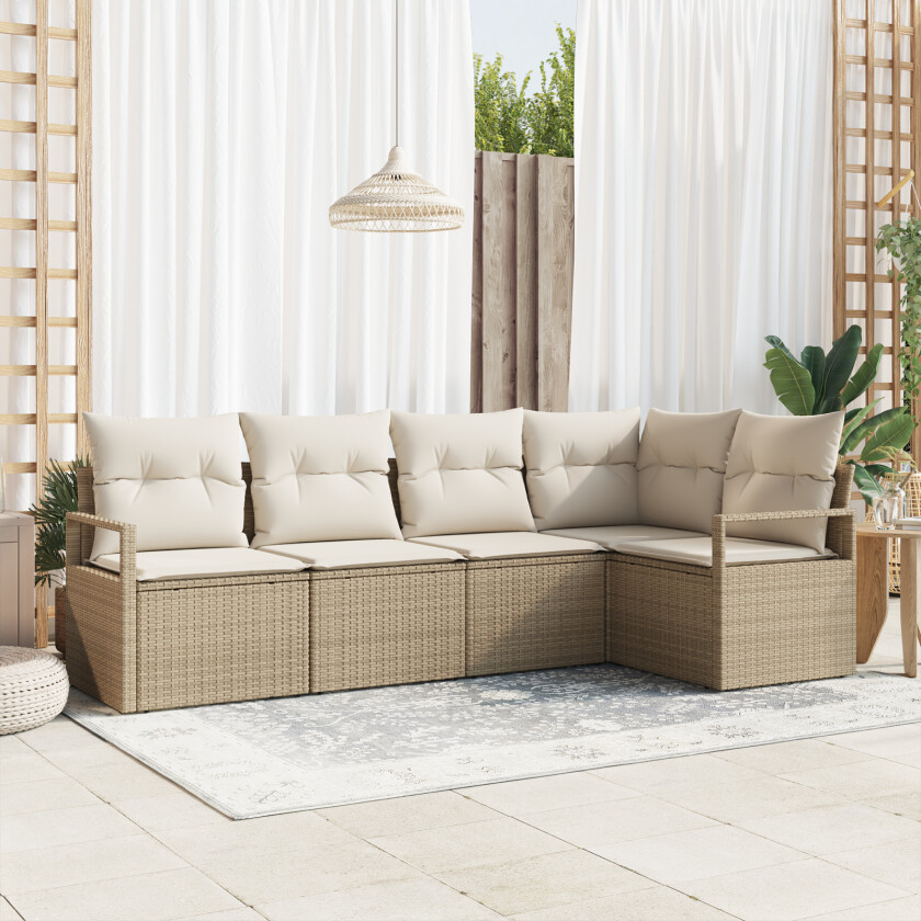 5-delers hagesofa sett med puter Beige Poly Rattan, 2-seters hagesofa med oppbevaring og puter Beige Poly Rattan