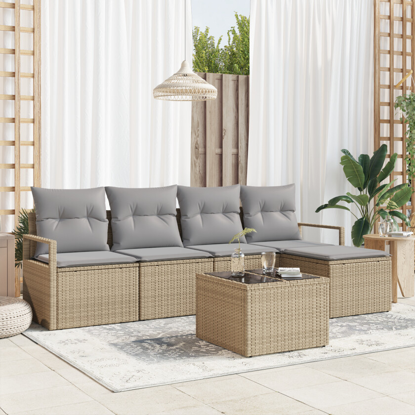 6 Delers Hage Sofa Sett med Puter Svart Poly Rattan, 2-Seter Hage Sofa med Puter Beige Poly Rattan