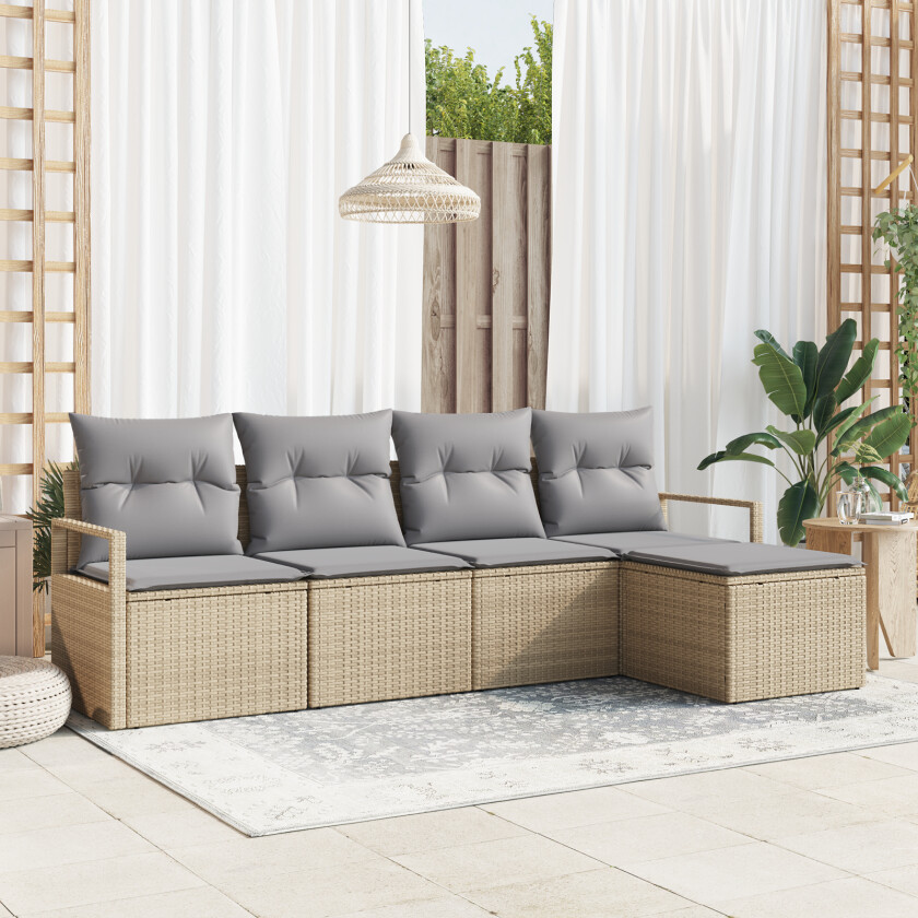 5-delers hagesofa sett med puter beige poly rattan, 2-seters hagesofa med puter beige poly rattan