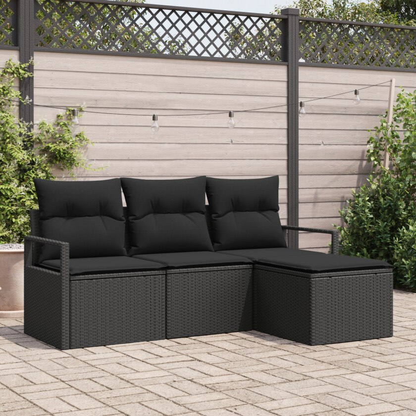 4 Delt Hage Sofa Set med Puter Svart Poly Rattan, 2-seters Hage Sofa med Oppbevaring & Puter Svart Poly Rattan