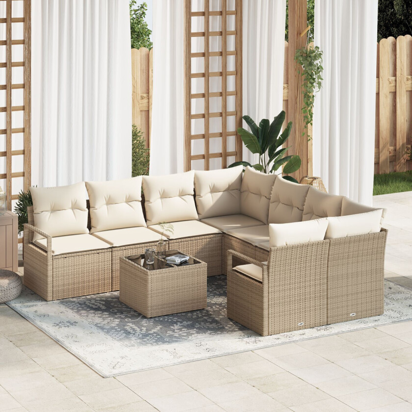 9-delt Hagesofa Sett med puter Beige Poly Rattan, 2-seters Hagesofa med oppbevaring og puter Beige Poly Rattan