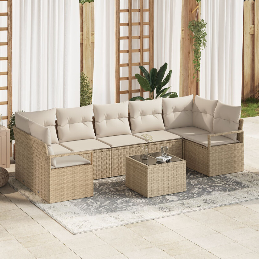 8-delt hage-sofa sett med puter beige poly rattan, 2-seters hage-sofa med oppbevaring & puter beige poly rattan