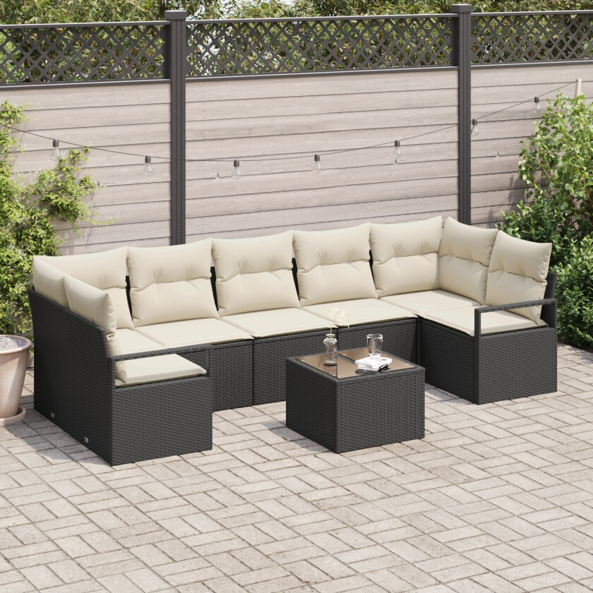8-delt Hagesofa Sett med Puter Svart Poly Rattan, 2-seters Hagesofa med Oppbevaring & Puter Svart Poly Rattan
