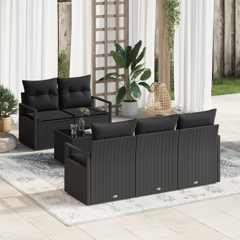 6 Delers Hage Sofa Set med Puter Svart Poly Rattan, 2-seters Hage Sofa med Lagring & Puter Svart Poly Rattan