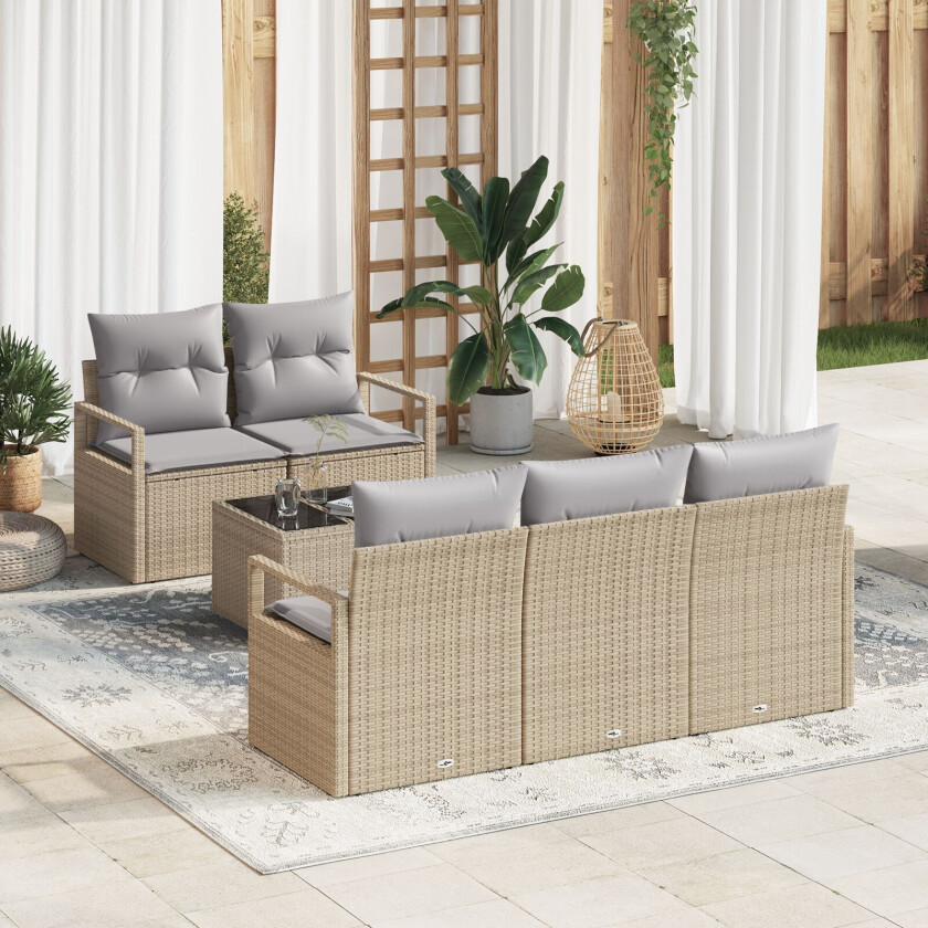 6-delt Hage Sofa Set med Puter Beige Polyrotting, 2-seters Hage Sofa med Puter Beige Polyrotting