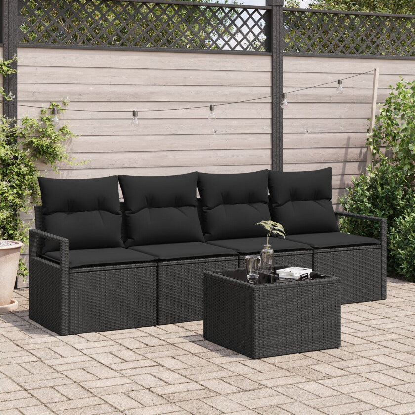5 Delt Hagesofagruppe med Puter Svart Poly Rattan, 2-seters Hagesofa med Puter Svart Poly Rattan