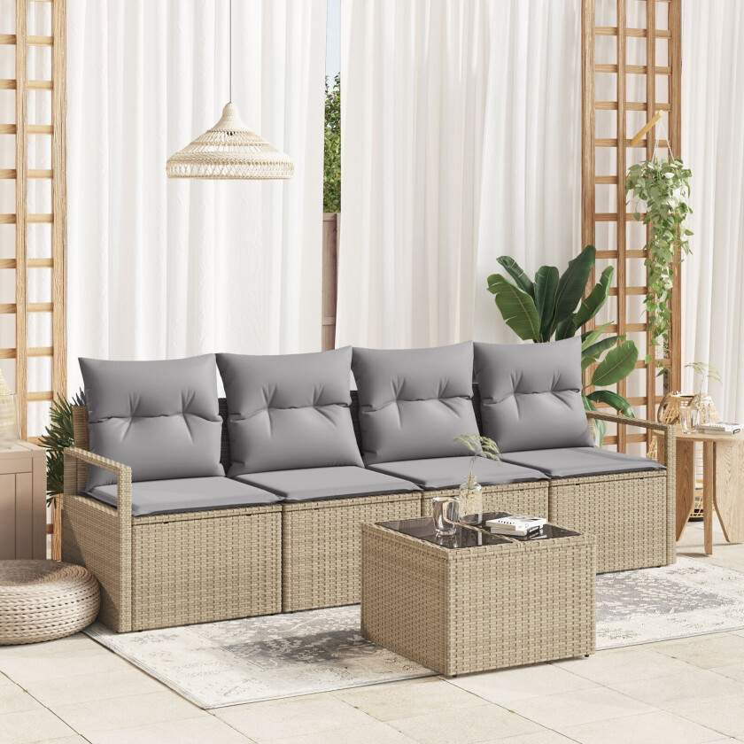 5-delt hagemøbelsett med puter Beige Poly Rattan, 2-seters hagesofa med puter Beige Poly Rattan