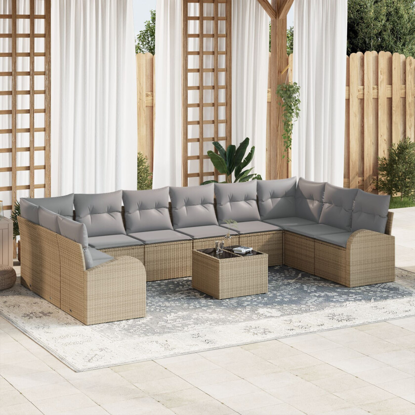 11-delers hage-sofa-sett med puter svart poly rattan, 2-seters hage-sofa med oppbevaring og puter beige poly rattan