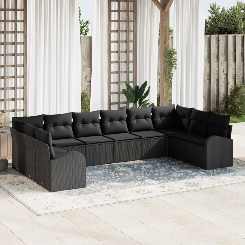 10 Delt Hage Sofa Set med Puter Svart Poly Rattan, 2-seters Hage Sofa med Oppbevaring & Puter Svart Poly Rattan