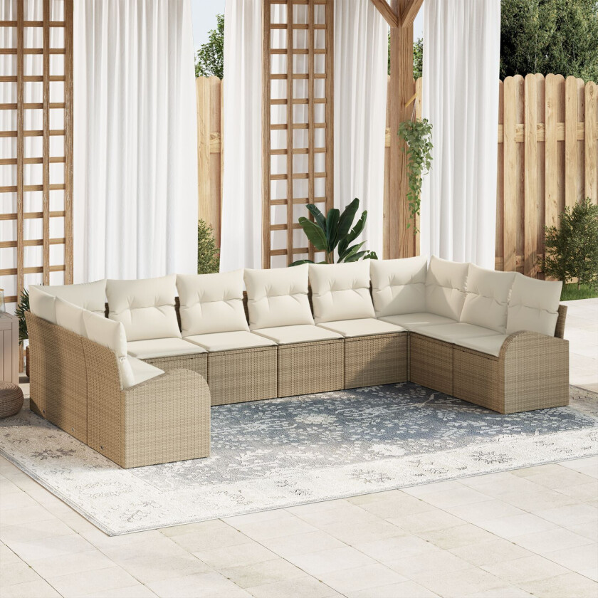 10 delers hagesofa sett med puter beige poly rattan, 2-seters hagesofa med lagring og puter beige poly rattan