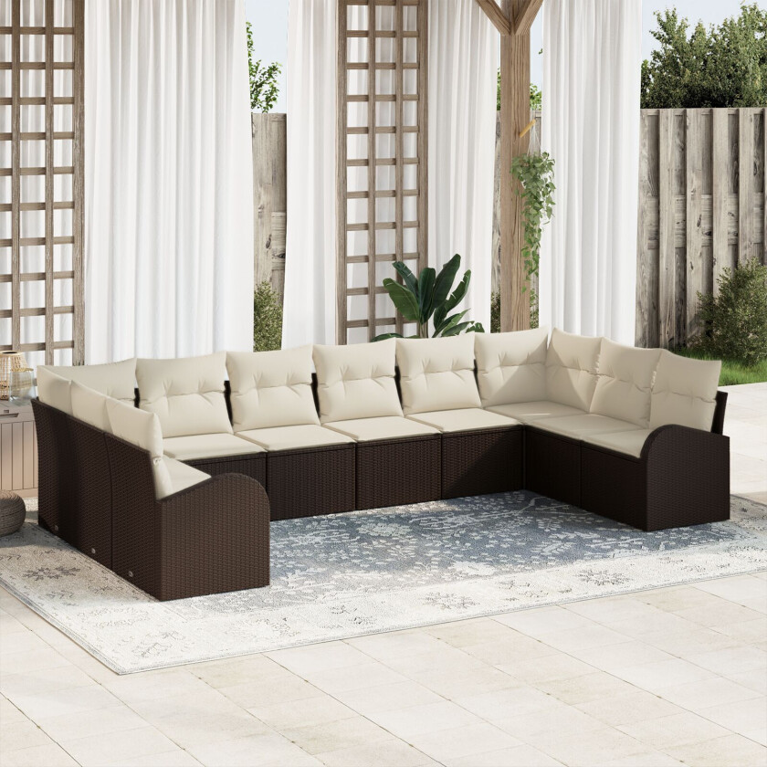 10 Delt Hage Sofa Set med Puter Brun Poly Rattan, 2-seters Hage Sofa med Oppbevaring & Puter Brun Poly Rattan