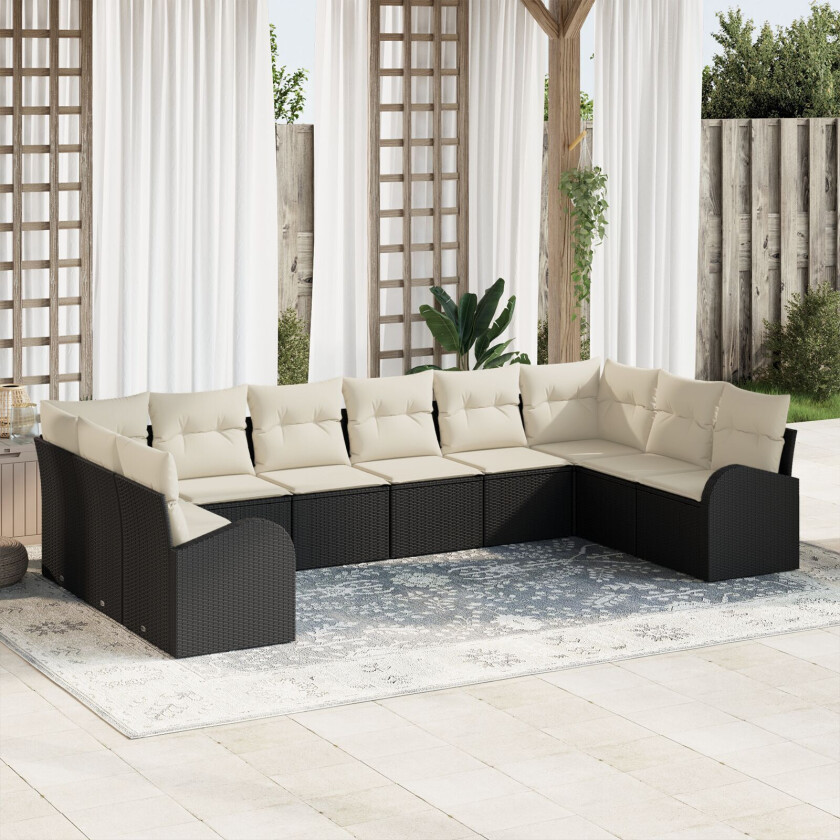 10 Delt Hagesofa Set med Puter Svart Poly Rattan, 2-seters Hagesofa med Lagring & Puter Svart Poly Rattan