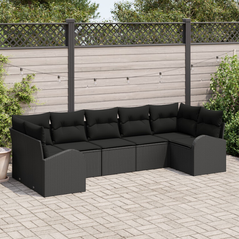 7 Delt Hagesofa Sett med Puter Svart Poly Rattan, 2-seters Hagesofa med Oppbevaring & Puter Svart Poly Rattan
