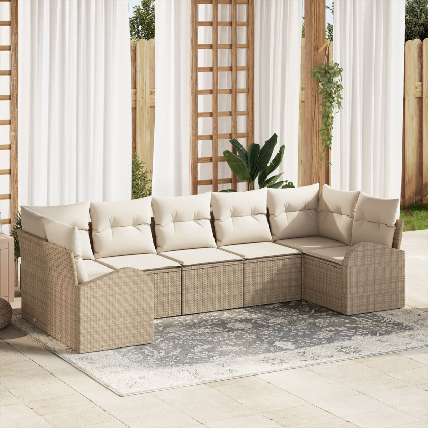 7 Delers Hage Sofa Sett Med Puter Beige Poly Rattan, 2-seters Hage Sofa Med Oppbevaring & Puter Beige Poly Rattan