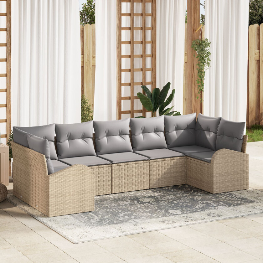 7-delt Hagesofa sett med Puter Beige Poly Rattan, 2-seter Hagesofa med Oppbevaring & Puter Beige Poly Rattan