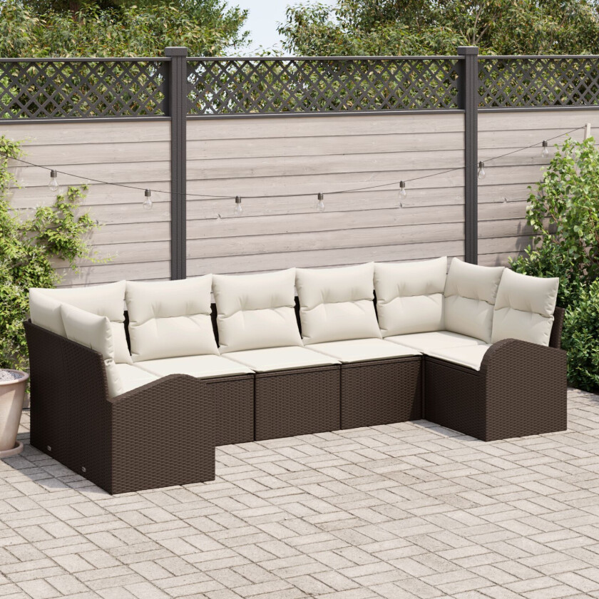 7 Delt Hage Sofa Set med Puter Brun Poly Rattan, 2-seters Hage Sofa med Oppbevaring og Puter Brun Poly Rattan