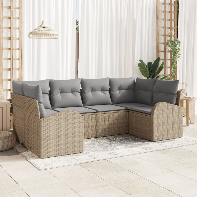 6 Deler Hagemøbelsett med Puter Beige Poly Rattan
