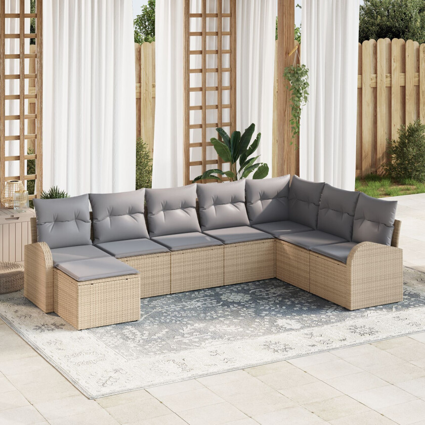 8 Delt Hagesofa Sett med Puter Beige Poly Rotting, 2-seters Hagesofa med Oppbevaring & Puter Beige Poly Rotting