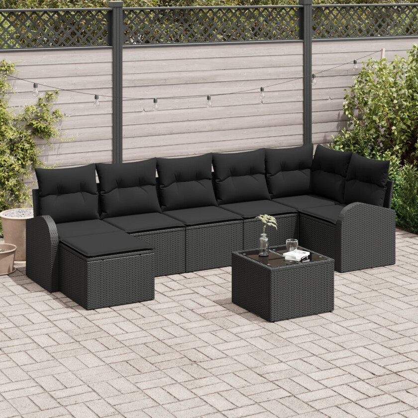 8 Stykk Hage Sofa Set med Puter Beige Poly Rattan, 2-seters Hage Sofa med Oppbevaring & Puter Svart Poly Rattan