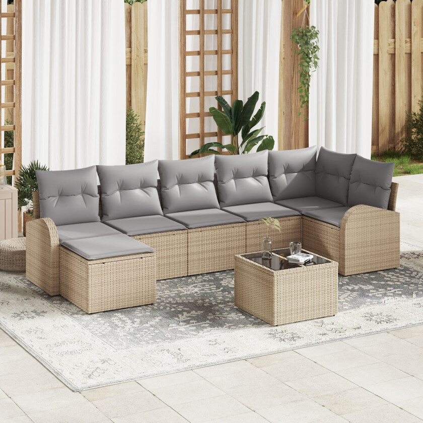 8 Delt Hagesofa Set med Puter Svart Poly Rattan, 2-seters Hagesofa med Oppbevaring & Puter Beige Poly Rattan