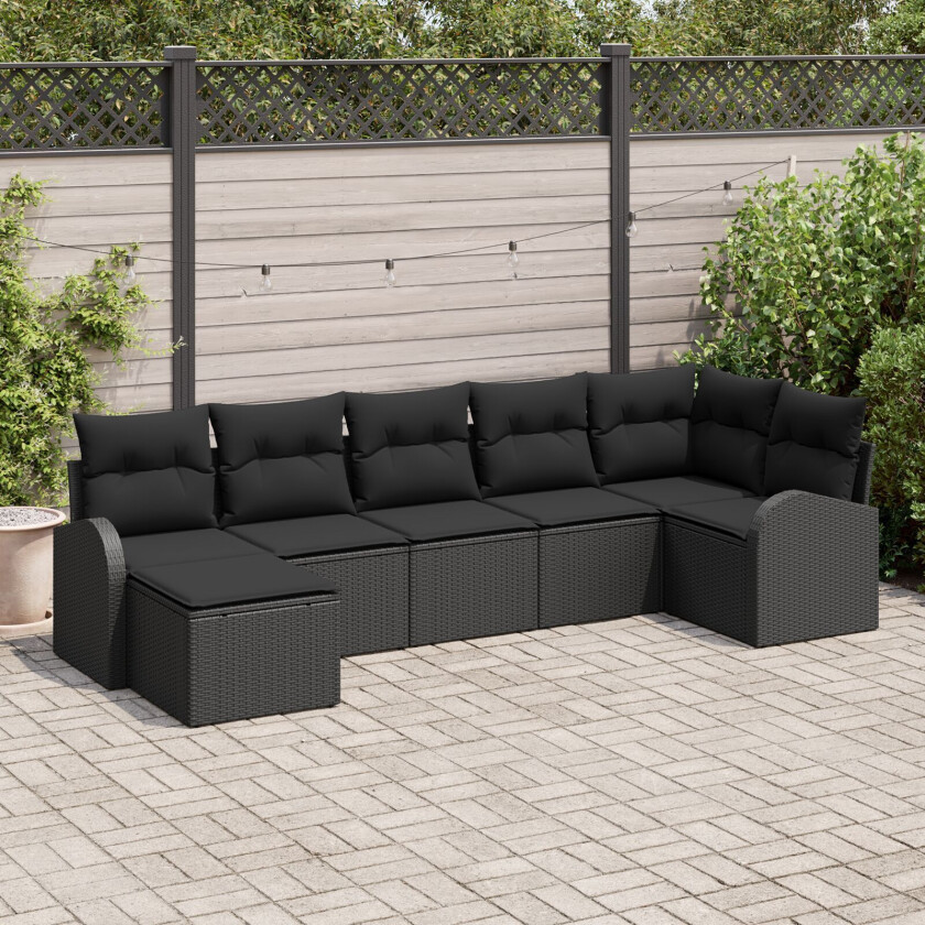 7 Delt Hage Sofa Set Med Puter Svart Poly Rattan, 2-seters Hage Sofa Med Oppbevaring & Puter Svart Poly Rattan