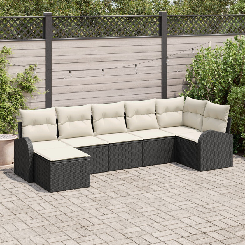 7 Deler Hagesofa Set med Puter Svart Poly Rattan, 2-seters Hagesofa med Oppbevaring & Puter Svart Poly Rattan