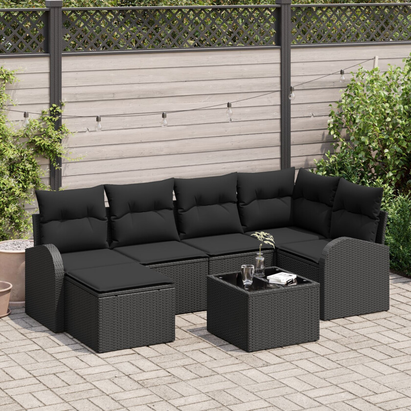 7-delers hagesofa med puter beige poly rattan, 2-seters hagesofa med oppbevaring og puter svart poly rattan