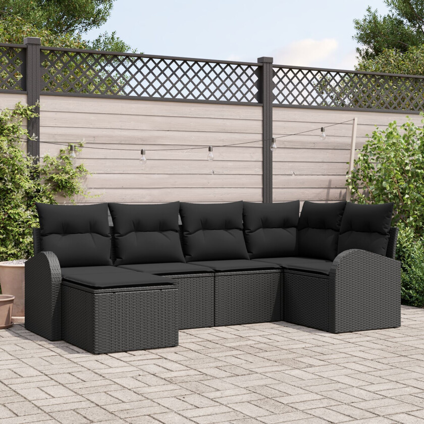 6 Delt Hage Sofa Set Med Puter Svart Poly Rattan