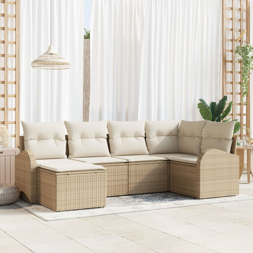 6-delt Hagesofa Sett med Puter Beige Poly Rattan