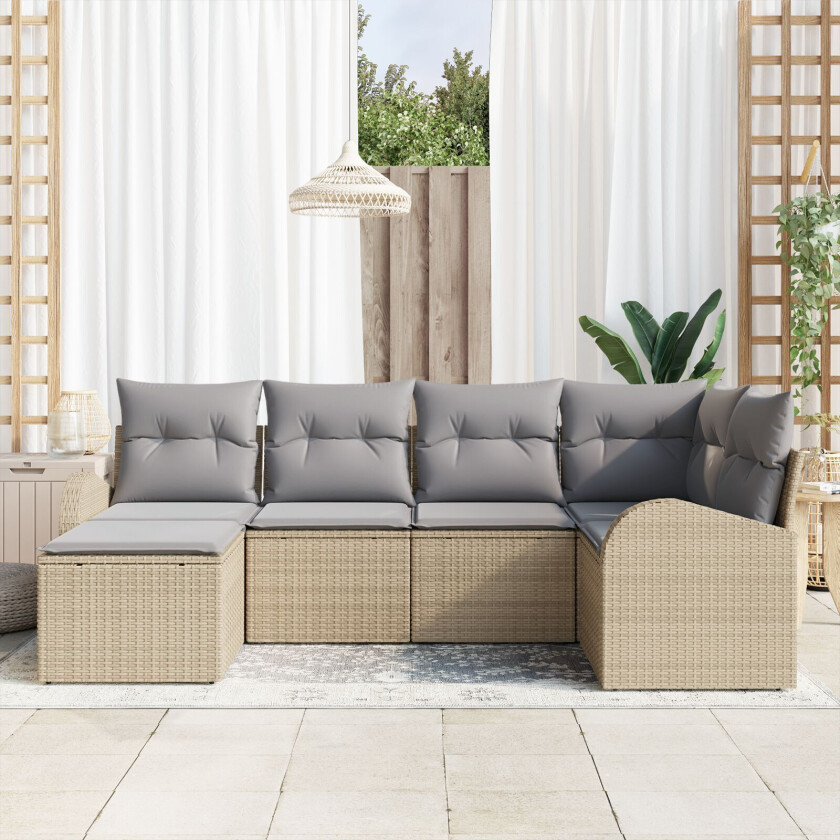 6 Delt Hagesofa Sett med Puter Beige Poly Rattan, 2-seters Hagesofa med Oppbevaring & Puter Beige Poly Rattan