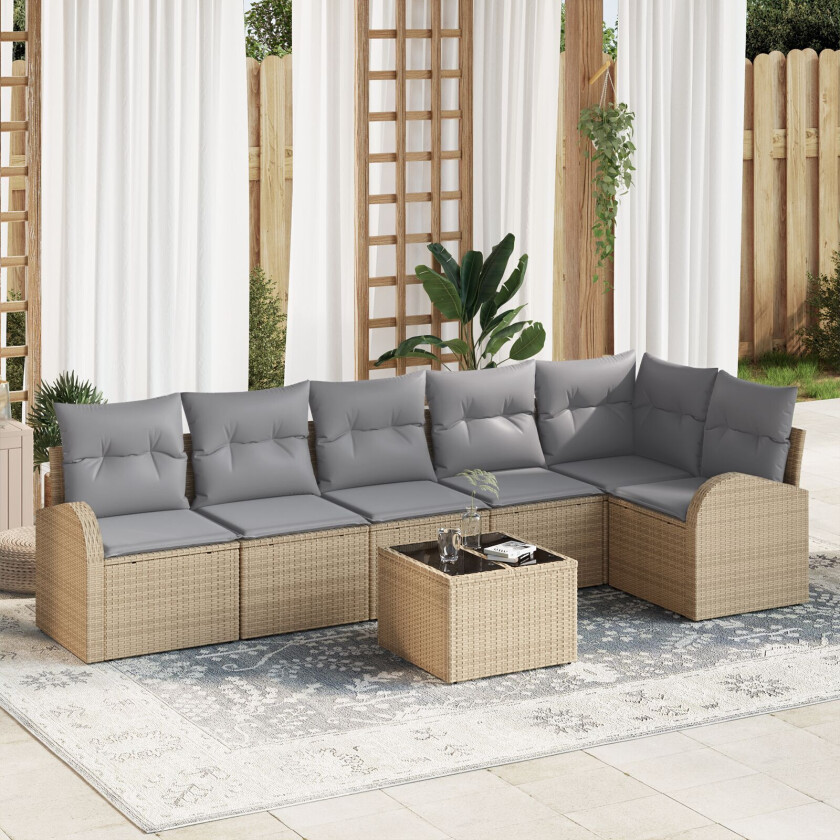 7 deler hagesofa sett med puter svart poly rattan, 2-seters hagesofa med oppbevaring & puter beige poly rattan