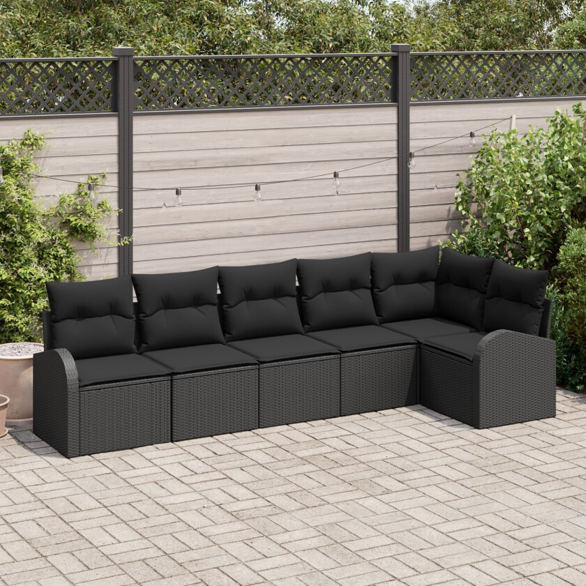 6 Delt Hage Sofa Sett med Puter Svart Poly Rattan, 2-seters Hage Sofa med Oppbevaring & Puter Svart Poly Rattan