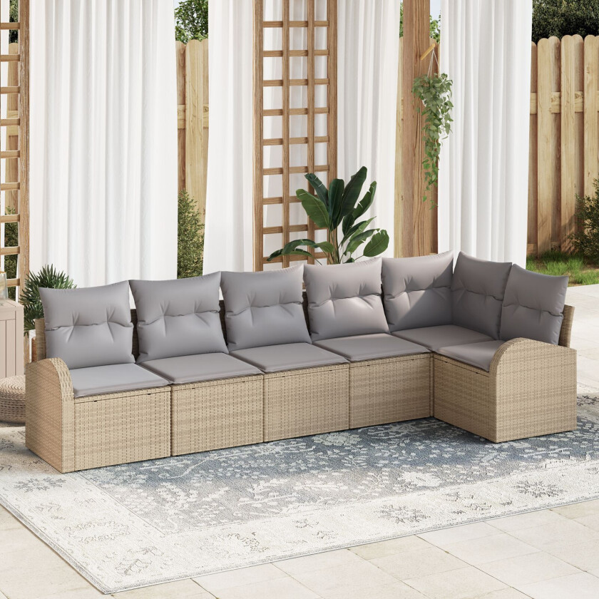 6-delt Hage Sofa Set med Puter Beige Poly Rottning, 2-seters Hage Sofa med Oppbevaring og Puter Beige Poly Rottning
