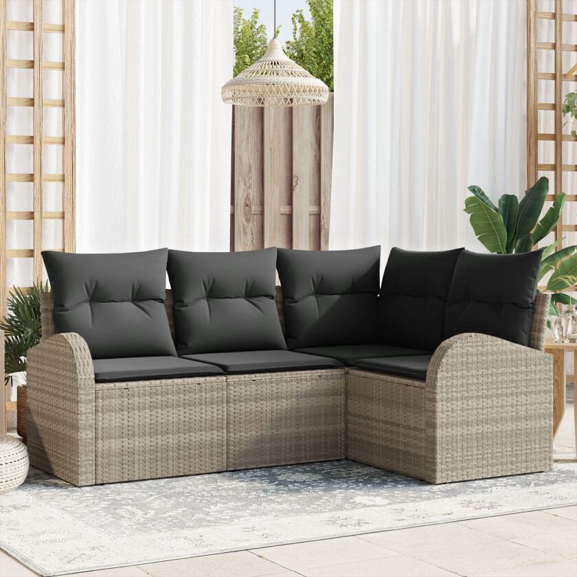 4 Delers Hagesofa Set med Puter Lys Grå Poly Rattan