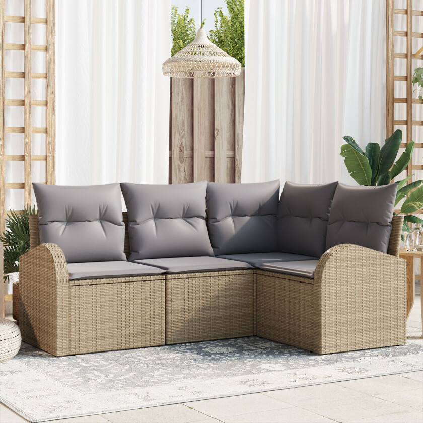 4-delt hage sofa sett med puter beige poly rattan, 2-seters hage sofa med oppbevaring & puter beige poly rattan