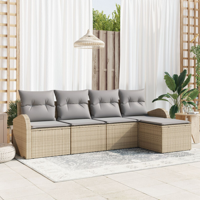 5 Deler Hagesofa-sett med puter Beige Polyrotting