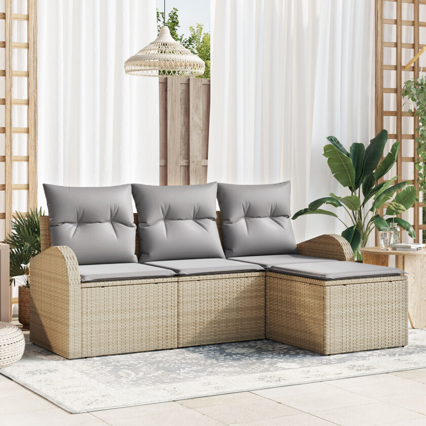 4 Delt Hagesofa Set med Puter Beige Poly Rotting, 2-seters Hagesofa med Oppbevaring & Puter Beige Poly Rotting