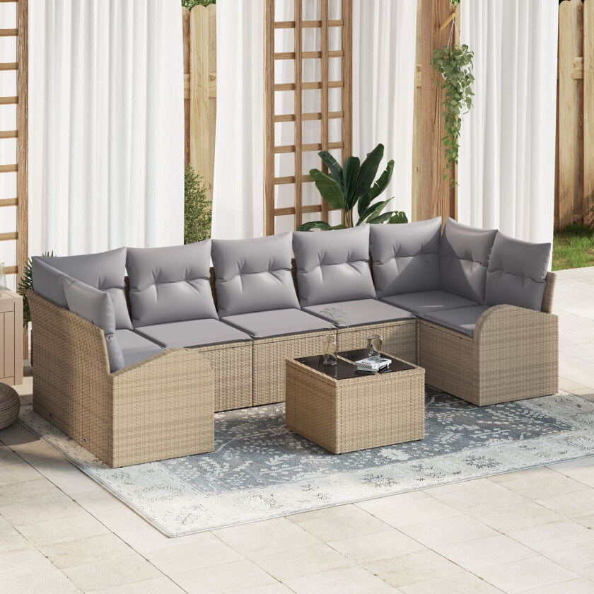 8 Delt Hage Sofa Sett med Puter Beige Poly Rattan, 2-seters Hage Sofa med Oppbevaring & Puter Beige Poly Rattan