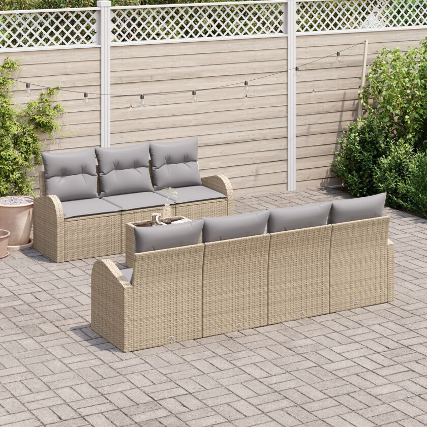 8 Delt Hage Sofa Sett med Puter Beige Poly Rattan, 2-seter Hage Sofa med Oppbevaring & Puter Beige Poly Rattan