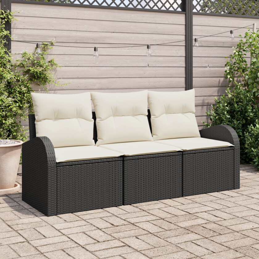 3 deler hagesofa sett med puter svart poly rattan, 2-seters hagesofa med oppbevaring & puter svart poly rattan
