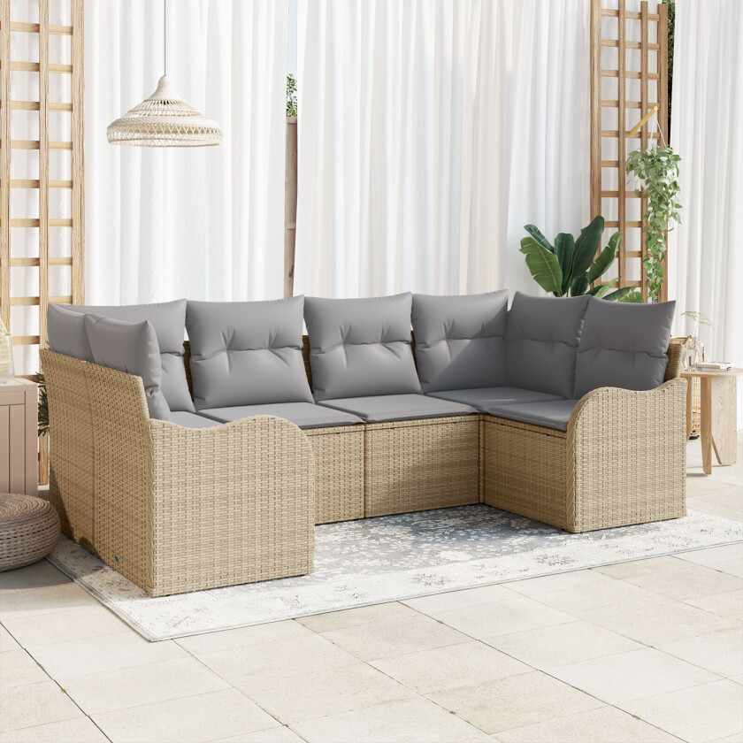 6 Delers Hagesofa Sett med Puter Beige Poly Rattan, 2-seters Hagesofa med Oppbevaring & Puter Beige Poly Rattan