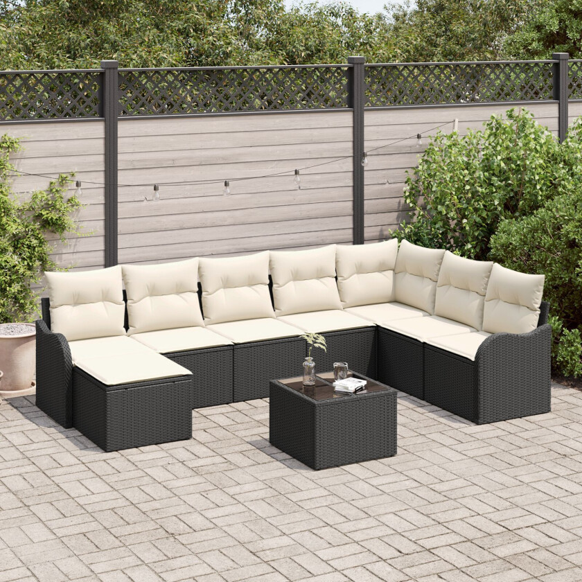 8 Delers Hage Sofa Sett med Puter Brun Poly Rattan, 2-seters Hage Sofa med Oppbevaring & Puter Svart Poly Rattan