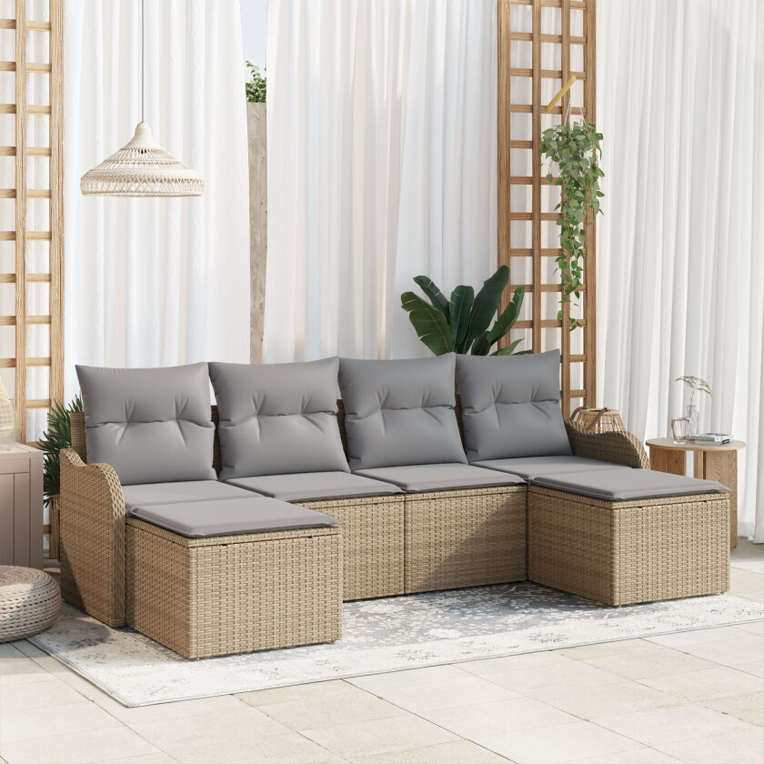 6-delt Hage Sofa Set med Puter Beige Poly Rattan, 2-seters Hage Sofa med Lagring & Puter Beige Poly Rattan