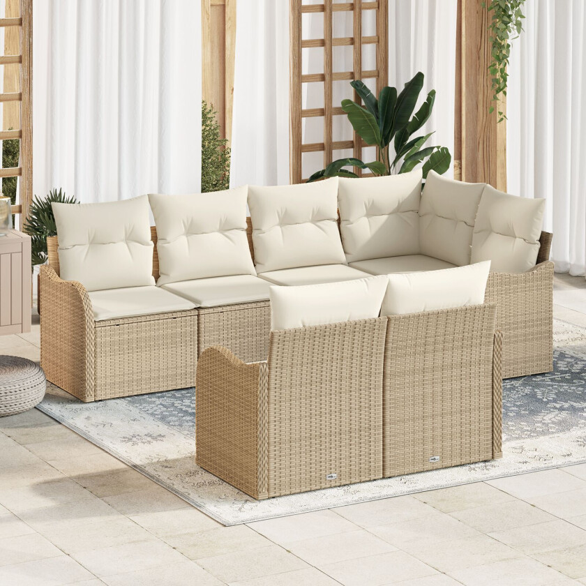 7 Delt Hage Sofa Set med Puter Beige Poly Rattan, 2-seters Hage Sofa med Oppbevaring & Puter Beige Poly Rattan