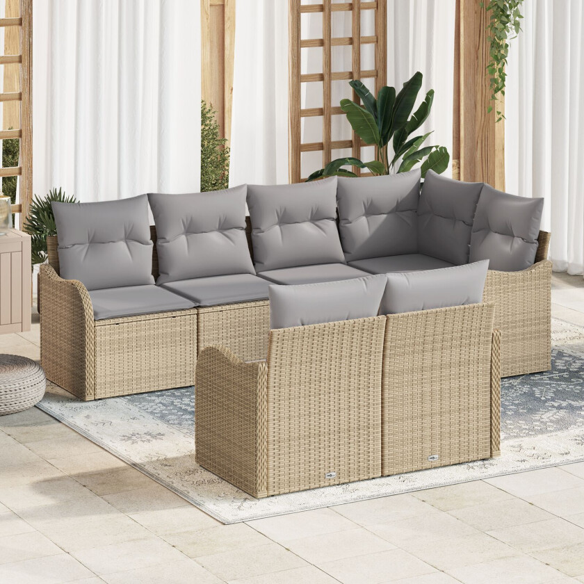 7 Delt Hagesofa Set med Puter Beige Polyrotting, 2-seters Hagesofa med Oppbevaring & Puter Beige Polyrotting