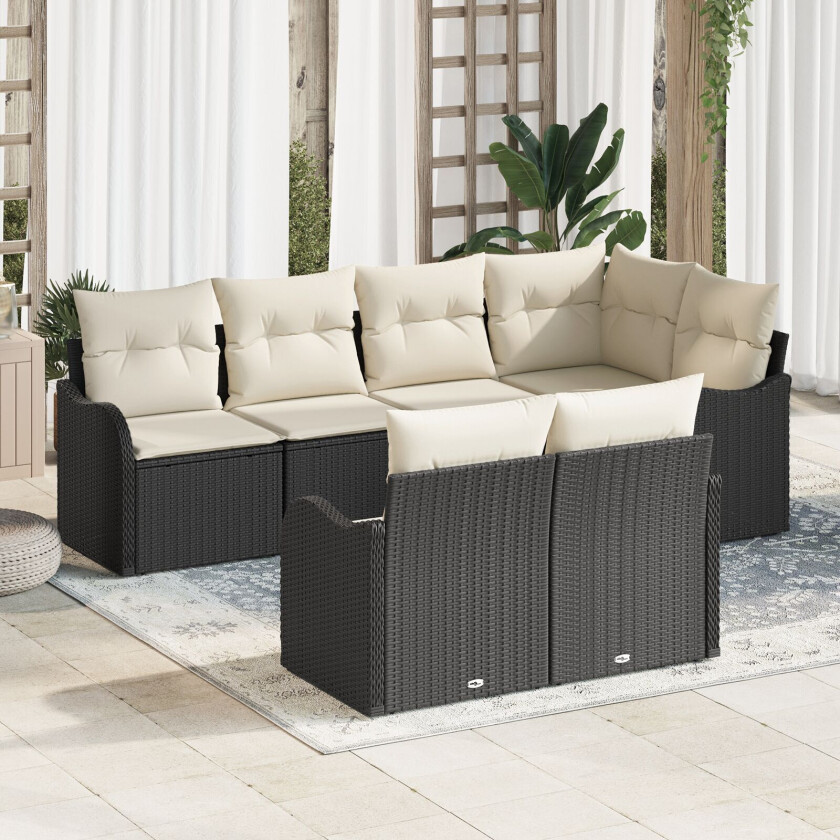 7-Delt Hagesofa Sett med Puter Svart Poly Rattan, 2-seter Hagesofa med Oppbevaring & Puter Svart Poly Rattan
