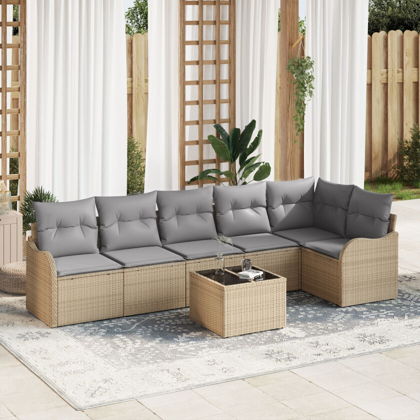 7 Delers Hagesofa Sett med Puter Svart Poly Rattan, 2-seters Hagesofa med Oppbevaring & Puter Beige Poly Rattan